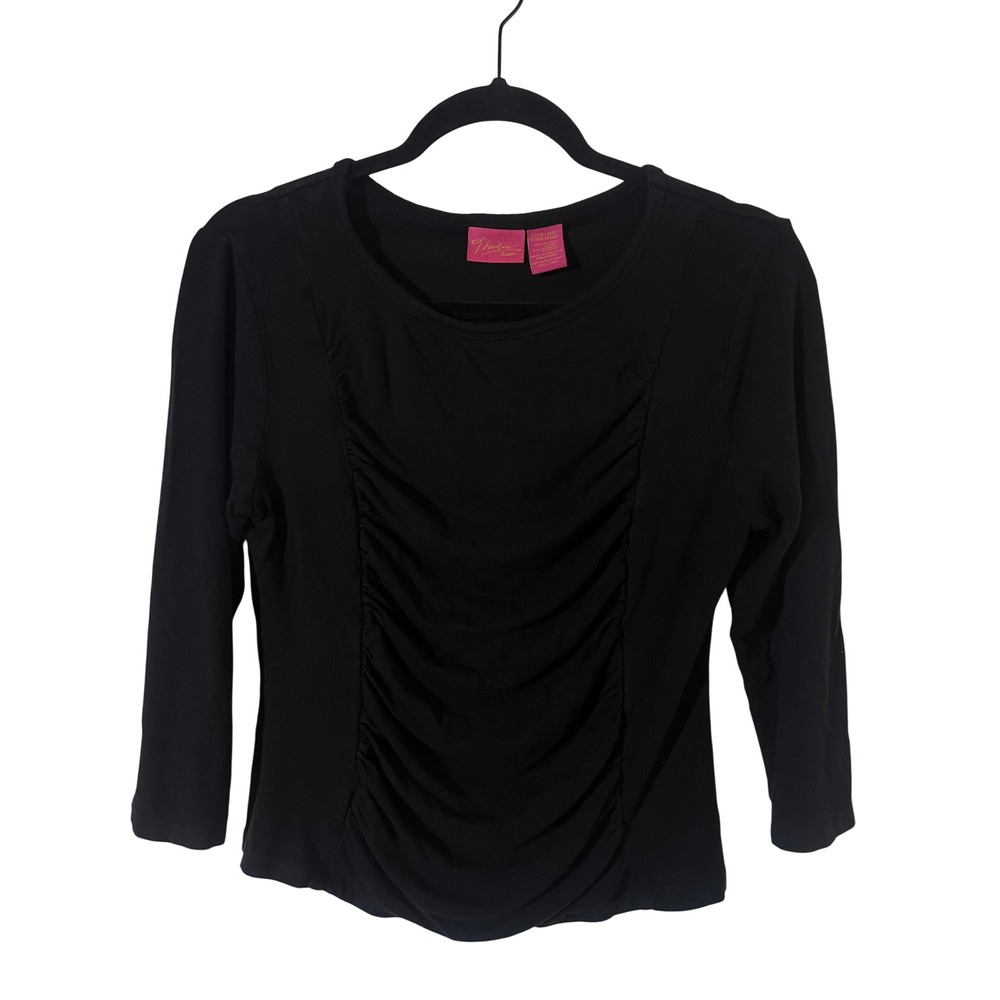 Thalia Sodi Ruched Front Top XL Minimalist Black 3/4 Sleeve Scoop Neck - Picture 2 of 5